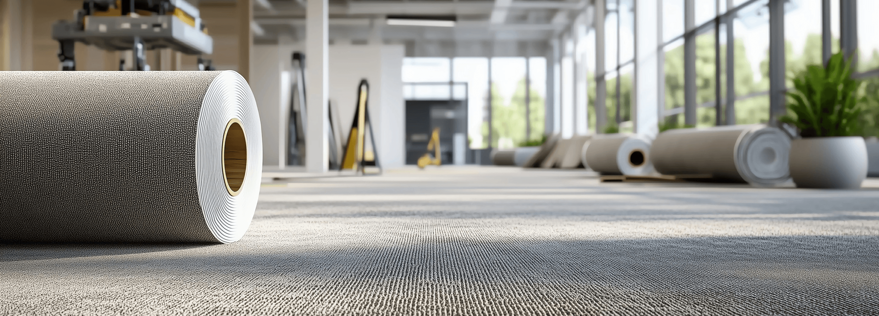 Broadloom carpet roll on a freshly installed commercial floor