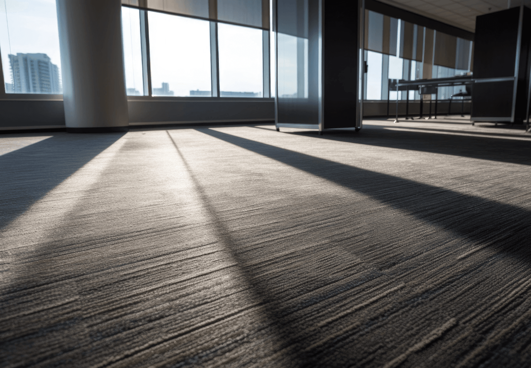 Broadloom carpet in a sunlit high-rise office interior