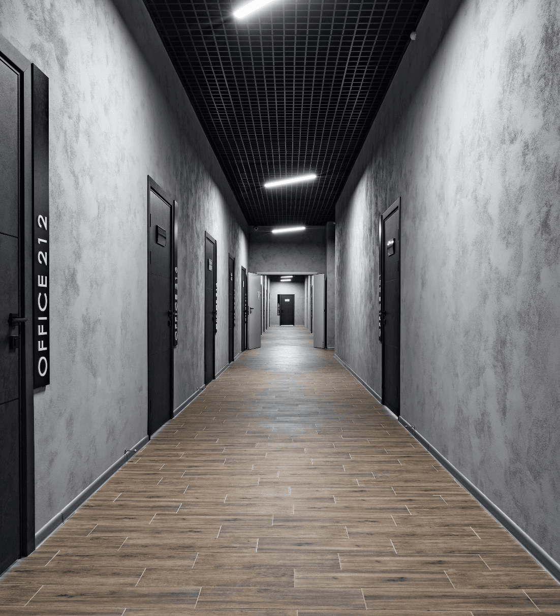 Wood-look plank flooring running the length of a grey office corridor