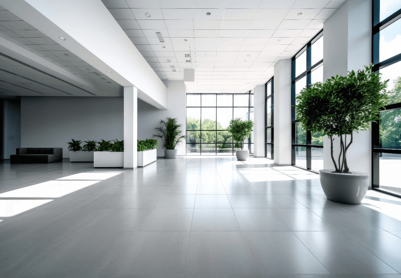 Polished tile flooring in a bright open commercial lobby
