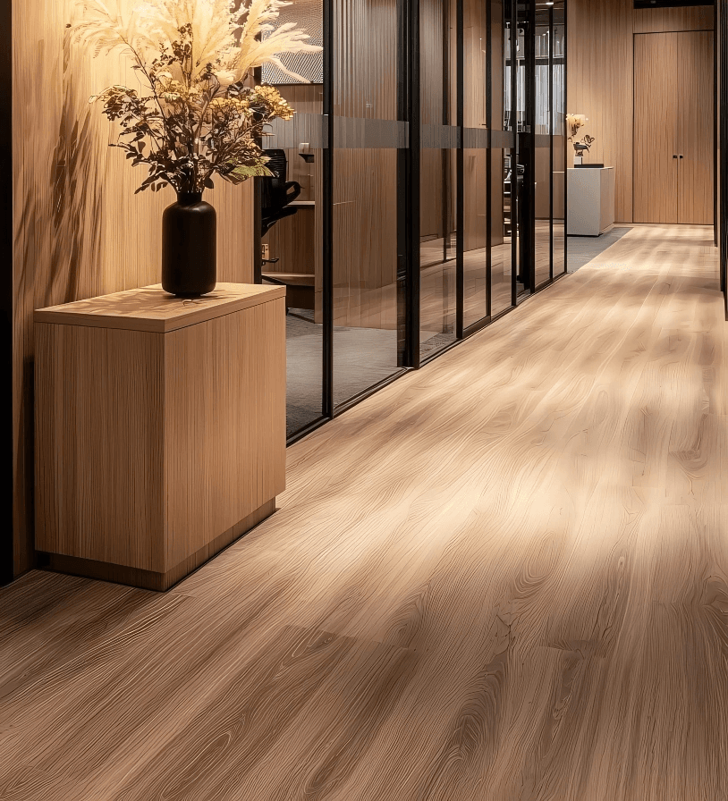 Luxury vinyl plank flooring in a warm wood-toned office hallway
